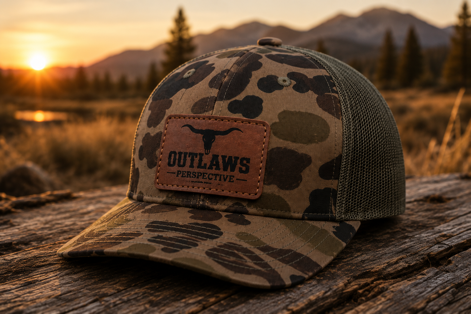 Leather Patch Trucker Hat - Bottomland Camo / Olive