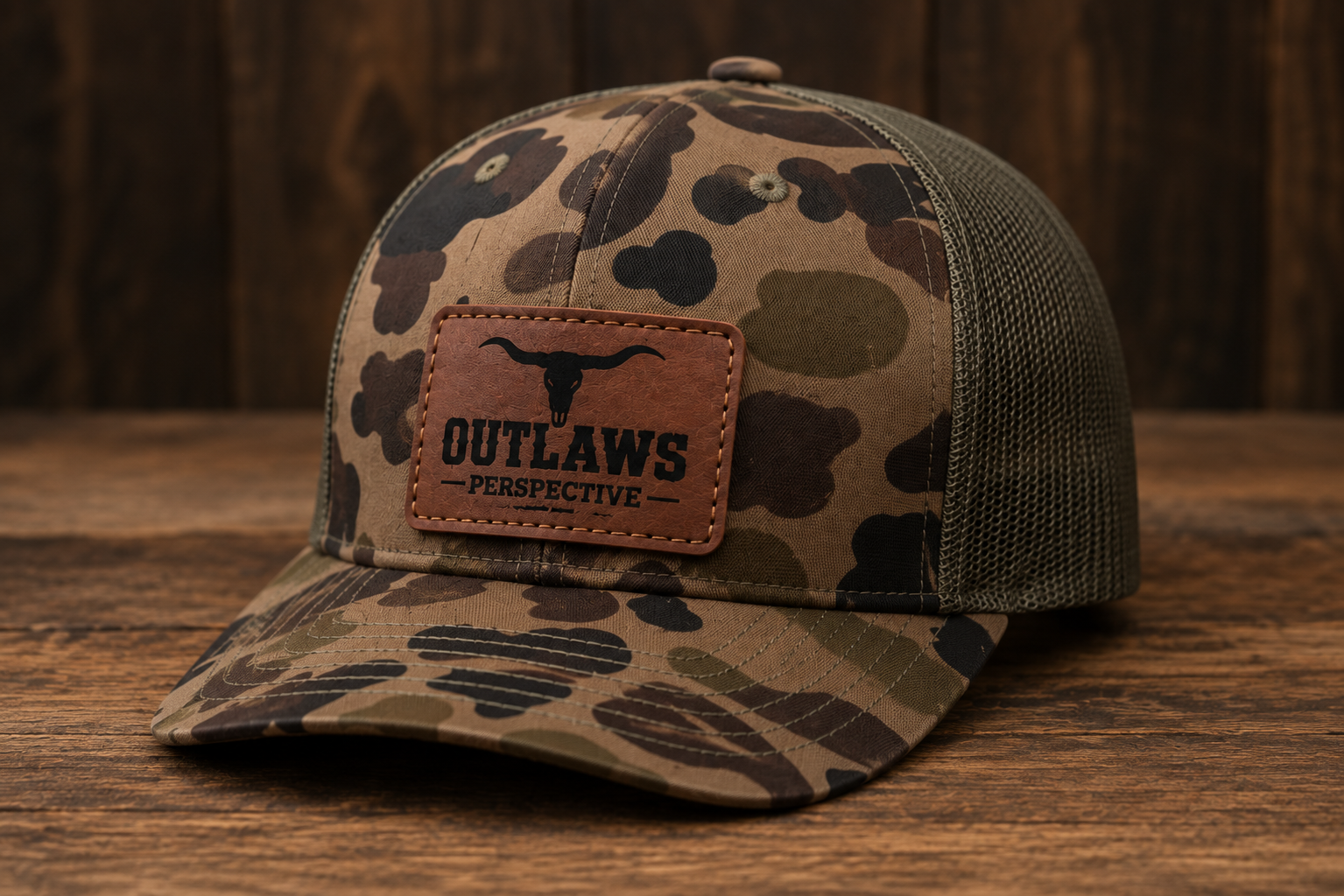 Leather Patch Trucker Hat - Bottomland Camo / Olive